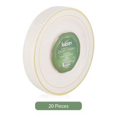 Falcon 19cm Round Plastic Luxury Plate with Golden Ring - Ivory (Pack of 20)
