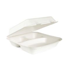 BioWare BW-CS1008-3 Bagasse 3 Compartment  8" x 8" Clamshell - White (Pack of 200)