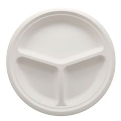 BioWare BW-P10010-3  3-Compartment  10" Bagasse Plate -White (Pack of 500)