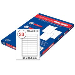 FIS FSLA33-1-100 Multi-Purpose White 66 x 25.4mm Labels - A4 (33 Stickers x 100 Sheets)