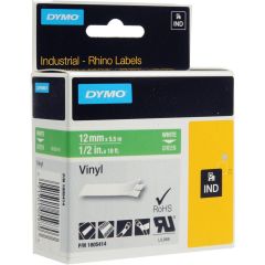 Dymo 1805414 Rhino Vinyl Tape - 12mm x 5.5m - White on Green 