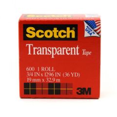 3M 600 Scotch Premium Transparent Film Tape - 3/4" x 36 Yards (Pack of 12)