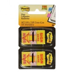 3M 680-SH2 Post-it "Sign Here" Yellow Tape Flags - 1" x 1.719" - 100 Flags x Pack of 5