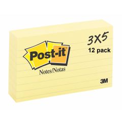 3M 635-YW Canary Yellow Lined Post-it Notes - 3" x 5" - 100 Sheets x 12 Pads / Pack